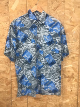 Vintage 90s abstract blue grey tropical surf hawaiian party beach shirt unisex size large
